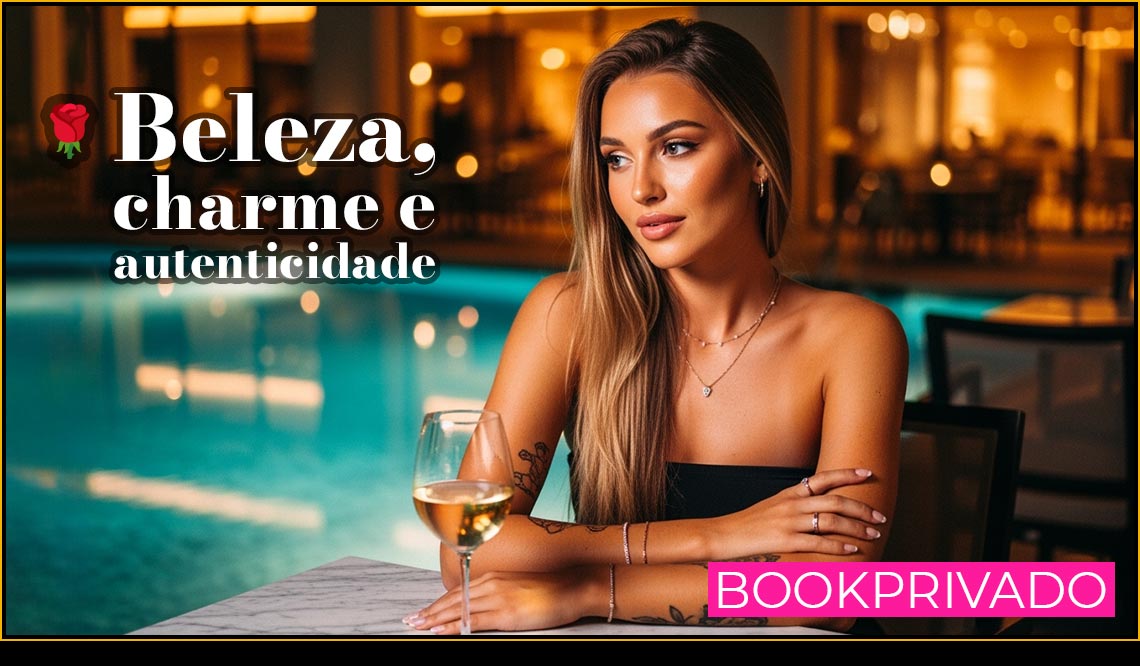 Modelo de luxo junto à piscina em ambiente sofisticado, estilo modelo book rosa, atmosfera charmosa no Bookprivado.