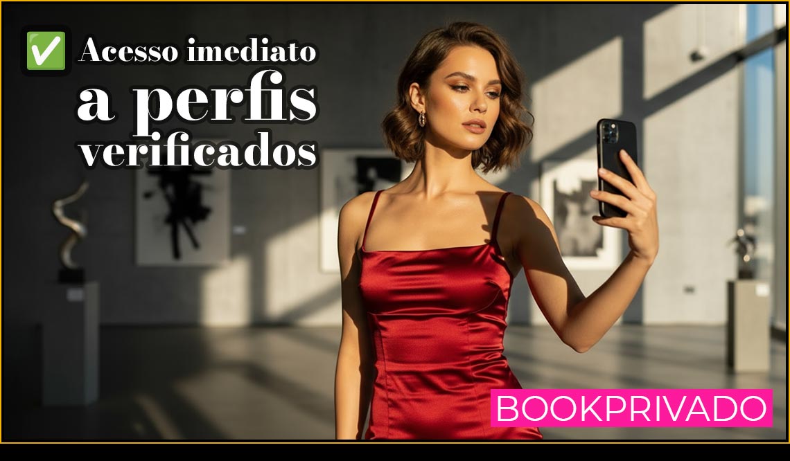 Modelo de luxo em vestido vermelho elegante, selfie em galeria de arte, acesso imediato a perfis verificados no Bookprivado.