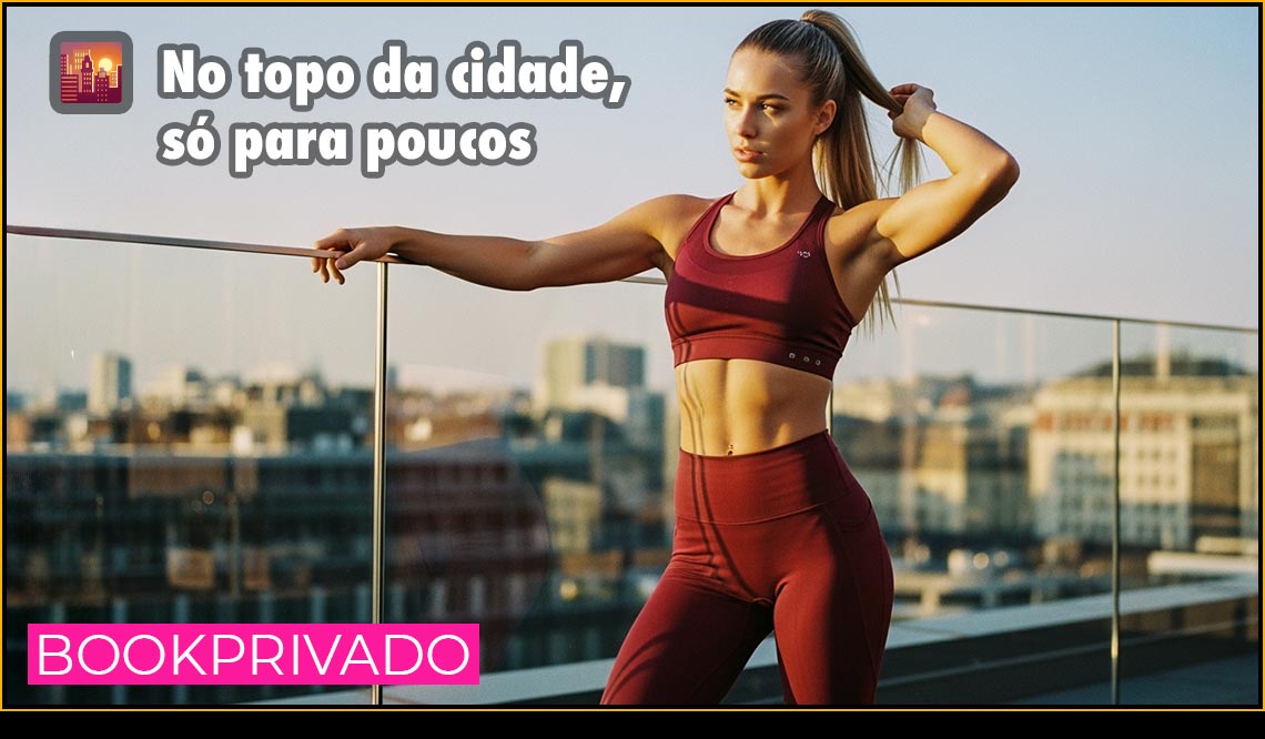 Modelo fitness estilo book rosa em rooftop urbano, exibindo elegância atlética com vista panorâmica exclusiva da cidade.
